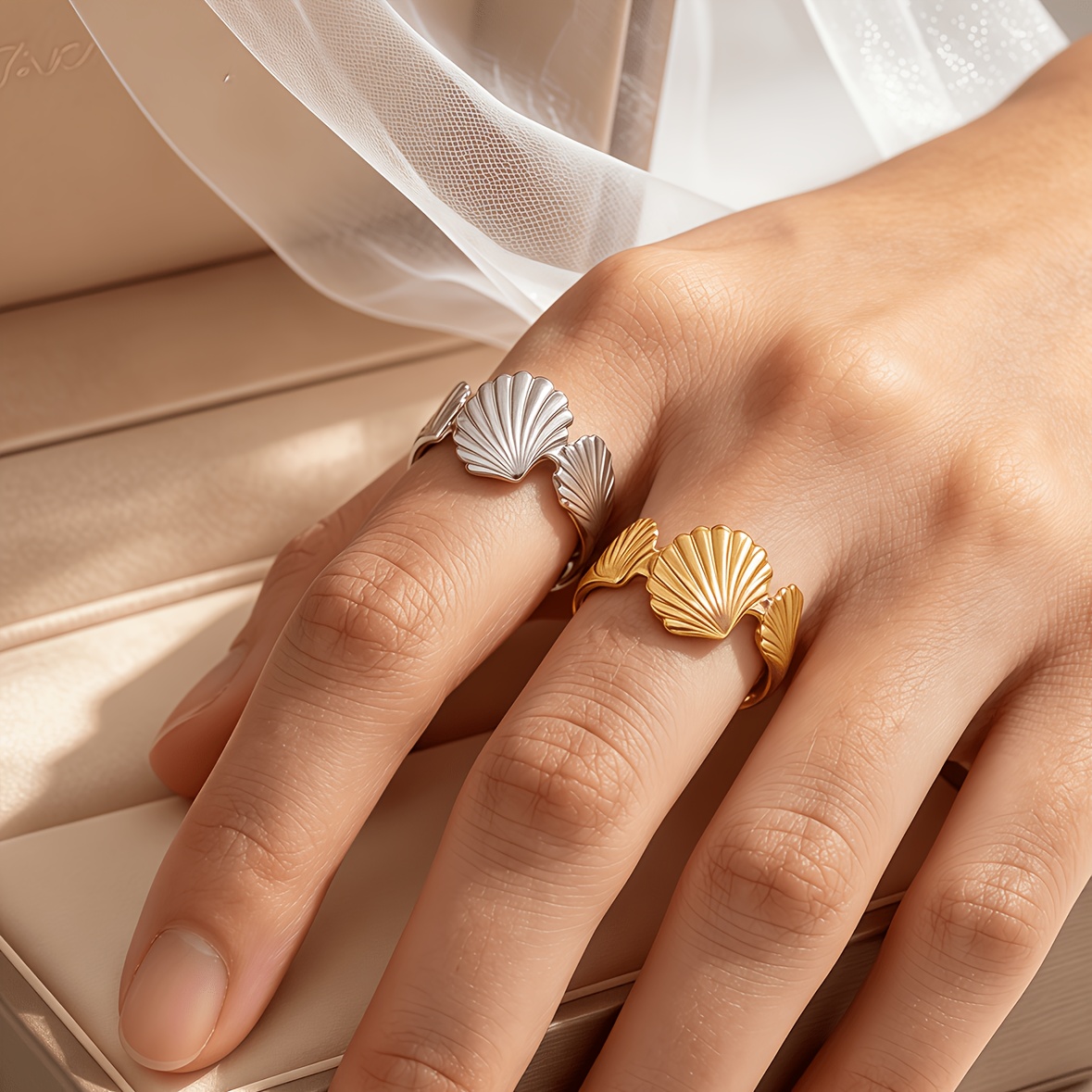 2pcs Retro Fan-Shaped Opening Rings, Stainless Steel